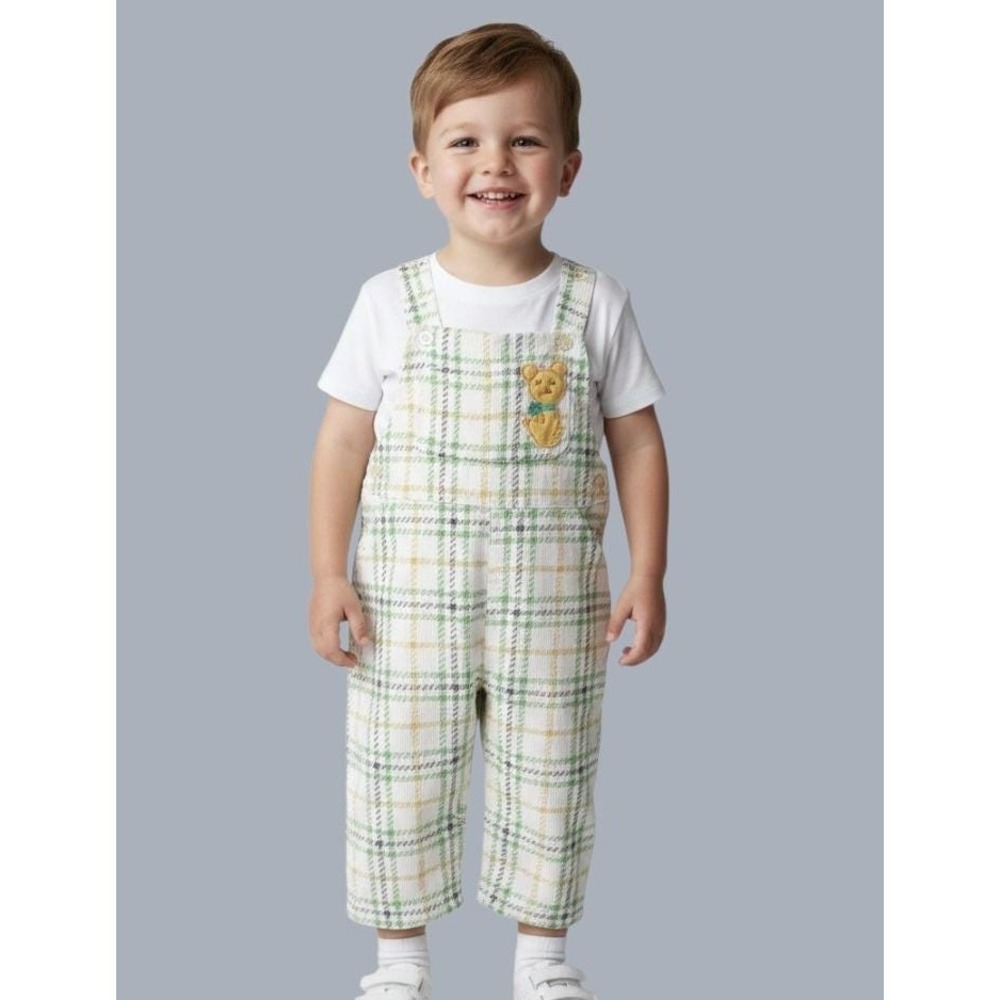 VTG Cute Togs New Orleans CORDUROY ROMPER OVERALLS Bear Ivory/Green Plaid 2T
